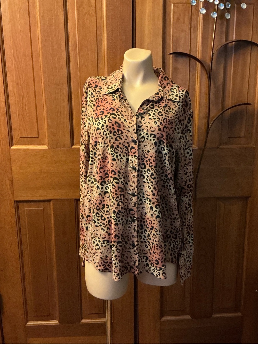 Casa Cabana Leopard Print Button-Down Blouse - Pink/Brown